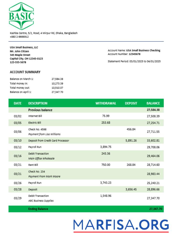 Downloadable Basic Bank enterprise account statement Word and PDF template